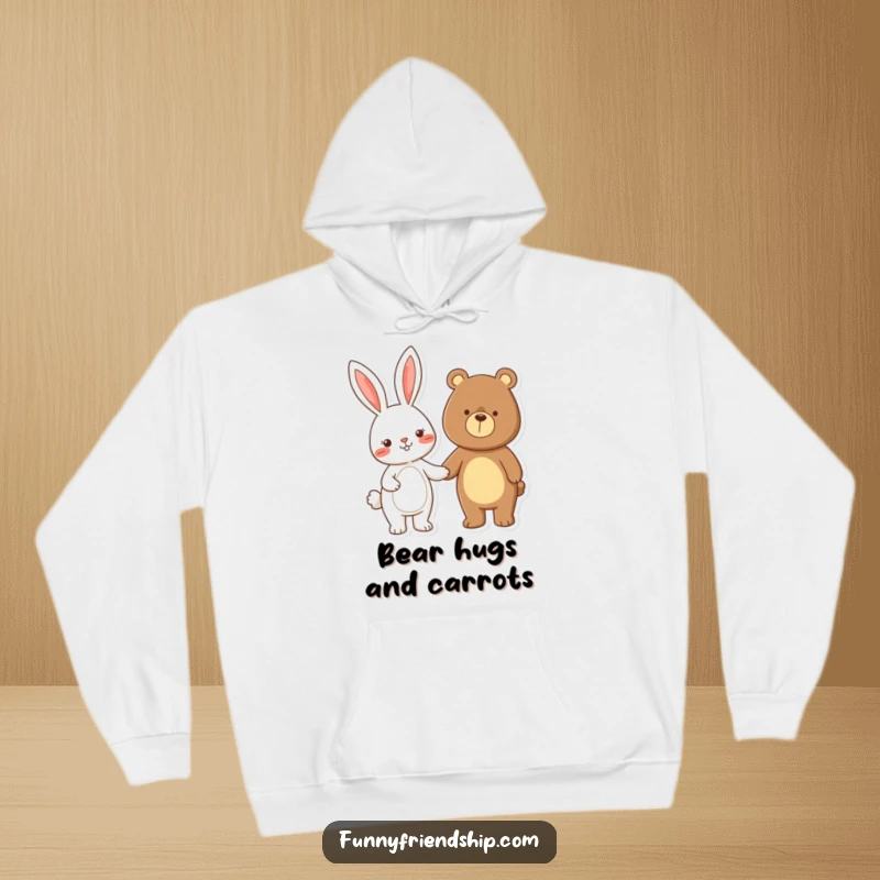 Funny rabbit and bear characters holding hands, a soft and cozy cartoon hoodie symbolizing friendship and warmth.