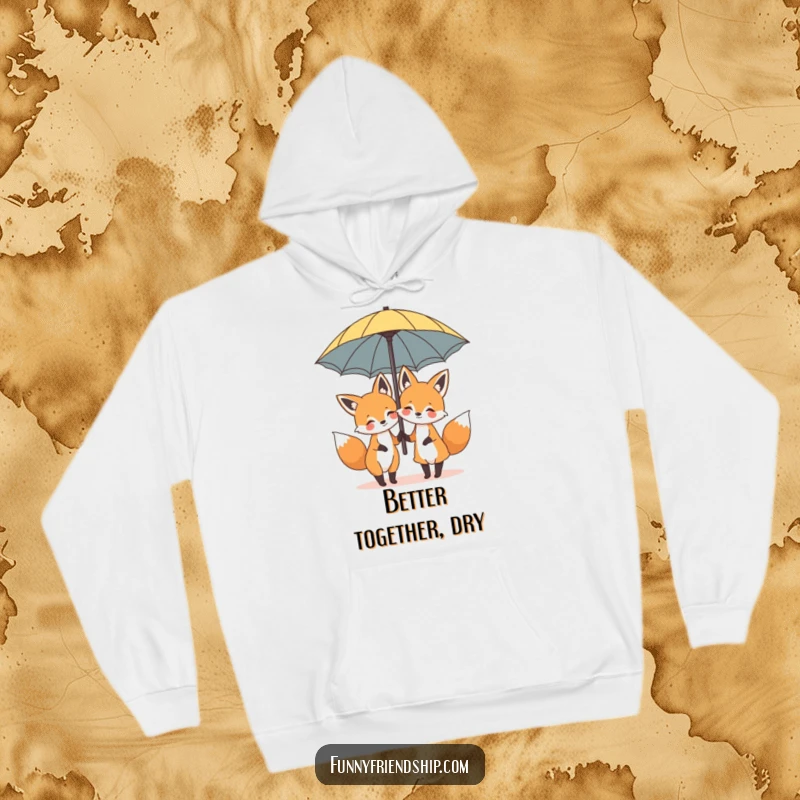 Funny and cozy hoodie with a cartoon of two happy foxes sharing a giant umbrella, perfect for staying warm.