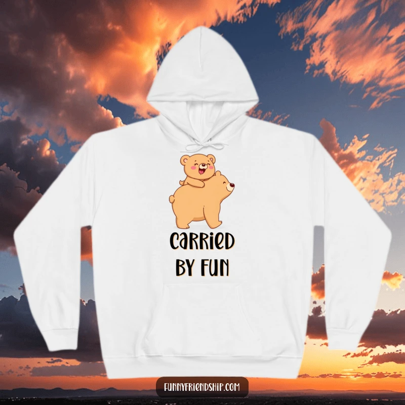 Funny Hoodie: A small bear giggles adorably while riding piggyback on a larger bear, offering cozy and humorous comfort.