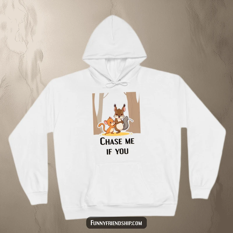 Funny squirrel and mouse characters playing tag, a warm and humorous cartoon hoodie for playful relaxation.