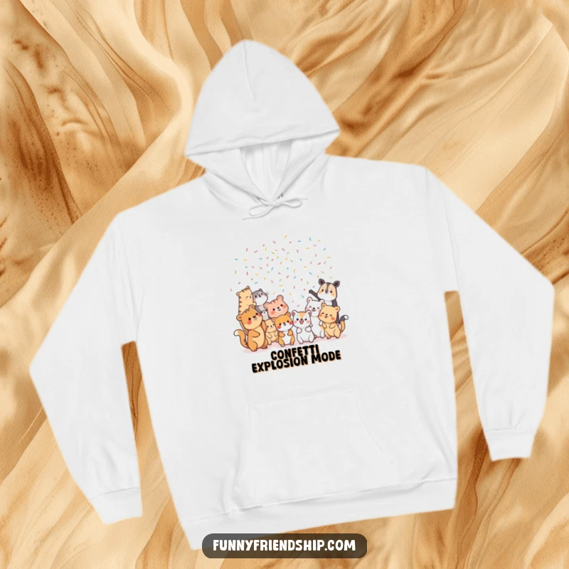 Funny Hoodie: Diverse animal characters throwing colorful confetti at each other, a warm and humorous celebration design.
