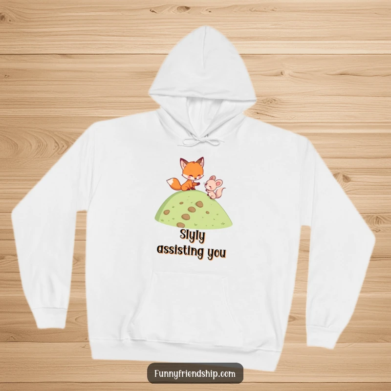Funny fox helping a mouse climb a hill on a cozy hoodie, representing friendship, support, and adventure with gentle humor.