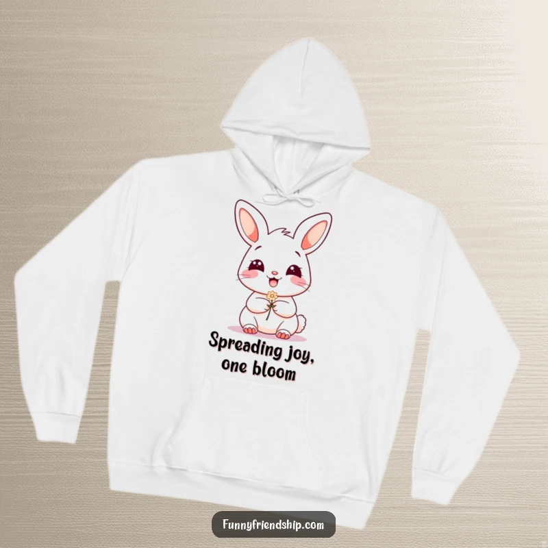 Funny Hoodie: Cozy design of a grinning bunny character offering a small flower, perfect for warm and cheerful moments.