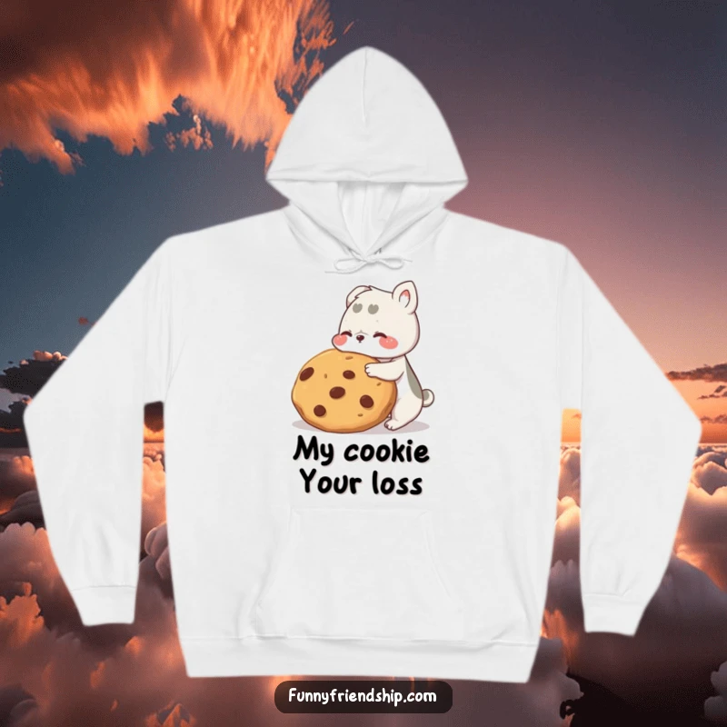 Funny animal friends hoodie, two characters sharing a giant cookie cozily, expressing warmth, friendship, and delightful humor.