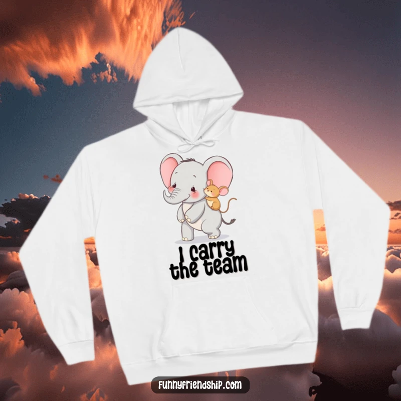 Funny hoodie featuring a joyful elephant giving a mouse a piggyback ride, perfect for cozy and humorous gifting occasions.