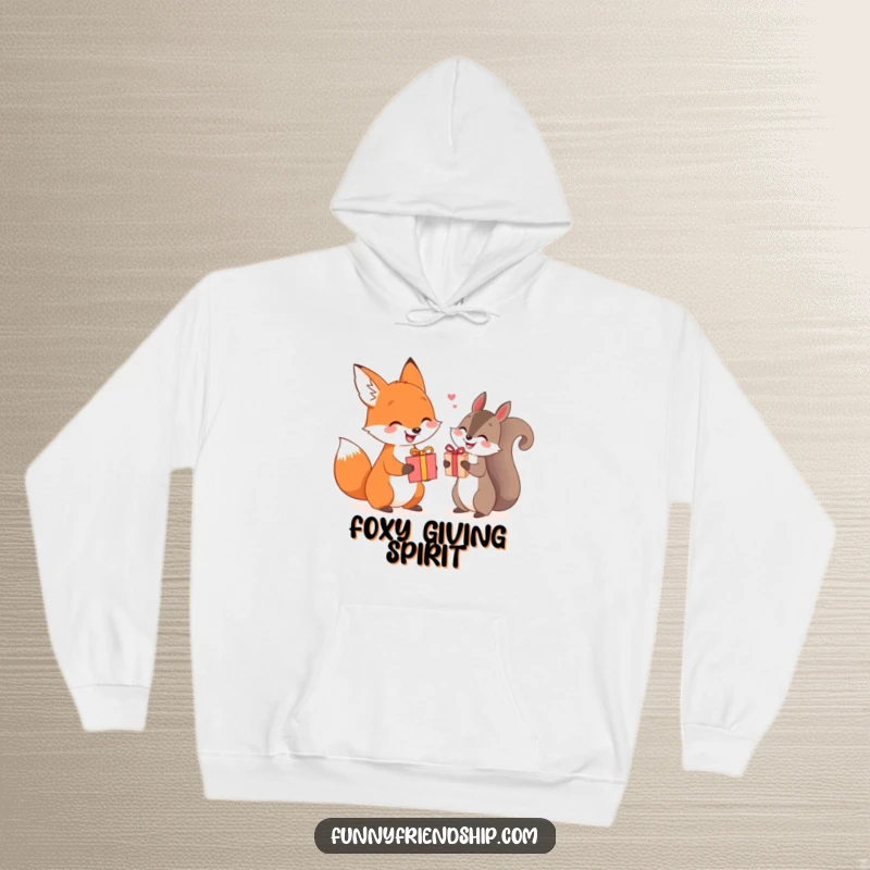 Funny fox and squirrel hoodie exchanging gifts, cozy apparel celebrating friendship and generosity.