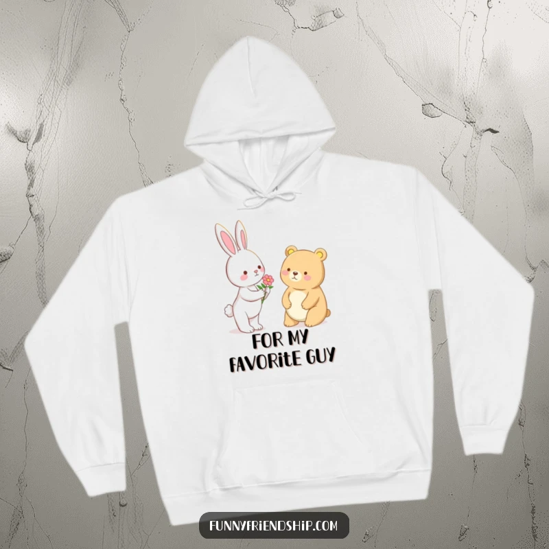 Funny Bunny and Bear Flower Hoodie: Bunny giving flower to bear, soft and warm, celebrating friendship, a funny gift.