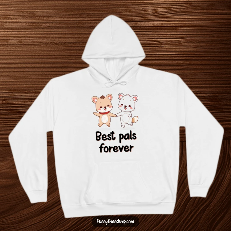Funny hoodie showing two animal characters holding hands and skipping, offering cozy comfort and a message of pure joy.