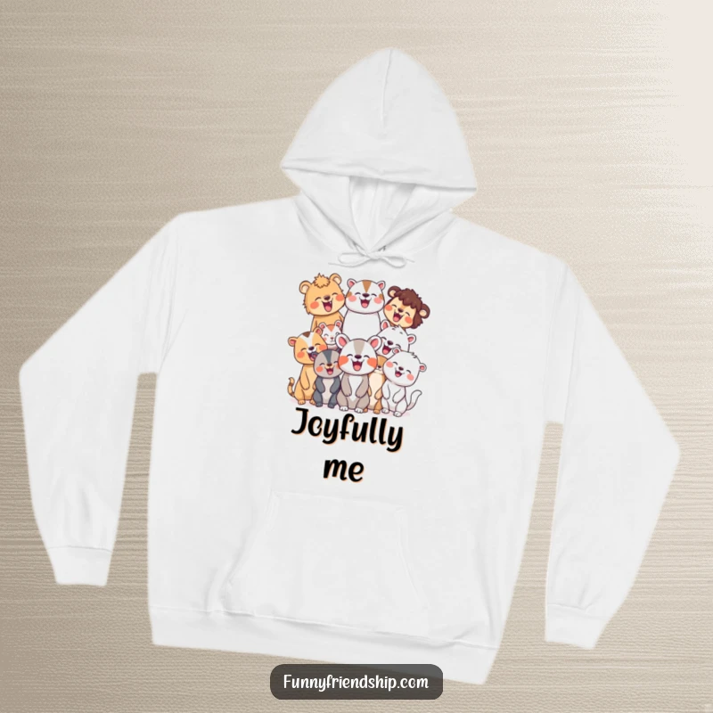 Funny hoodie illustrating a vibrant group of animal characters sharing hearty, joyful laughter, evoking feelings of togetherness and pure happiness.