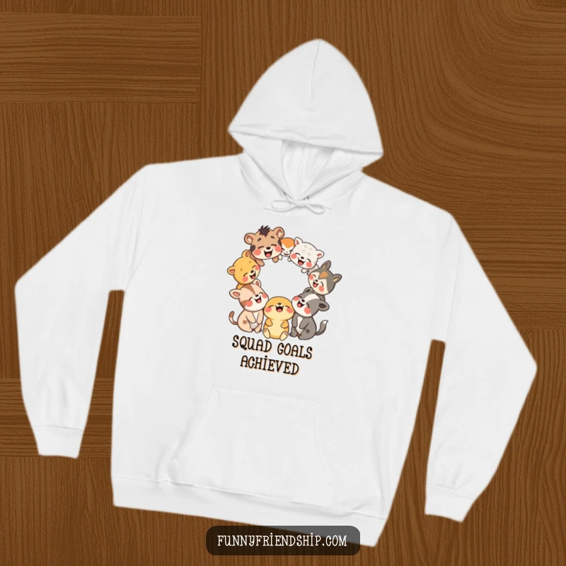 Funny hoodie with a lively group of animals in a circle sharing a hearty laugh, exuding warmth and joy.