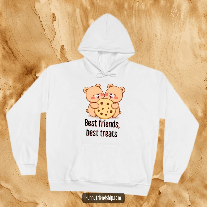 Funny hoodie showcasing two cute bears joyfully sharing a large cookie, perfect for cozy, friendship-themed wear.