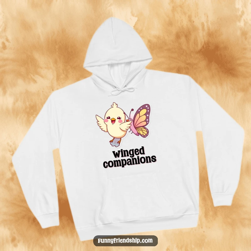 Funny hoodie depicting a bird and butterfly soaring together in the sky, perfect for cozying up.