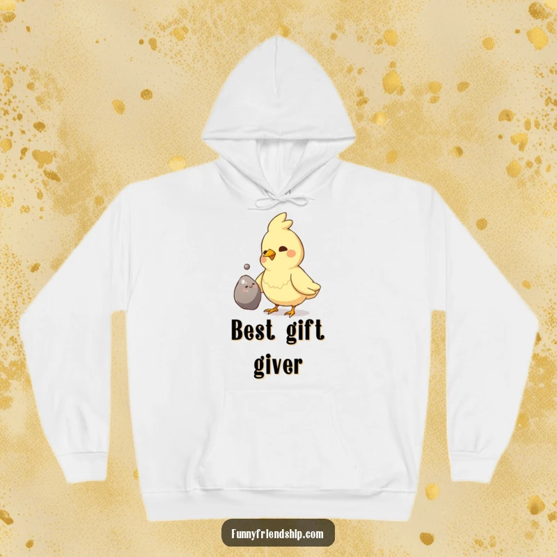 Funny Bird Pebble Gift Hoodie: Bird offering shiny pebble, soft and warm, celebrating thoughtful gestures, a funny gift.