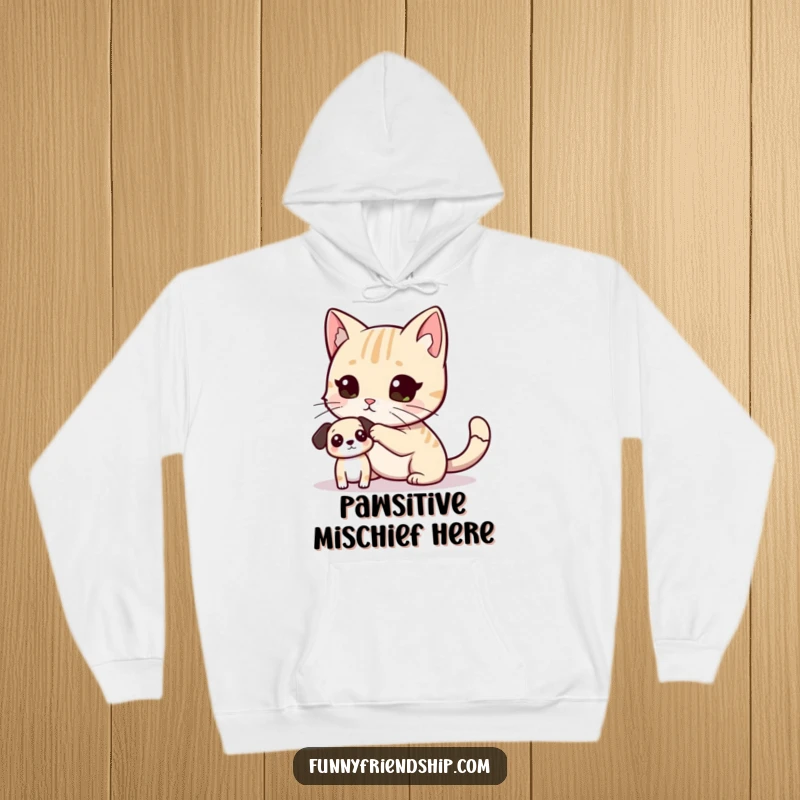 Funny Hoodie with a humorous cat paw-tagging a small dog, perfect for cozying up while celebrating funny pet relationships.