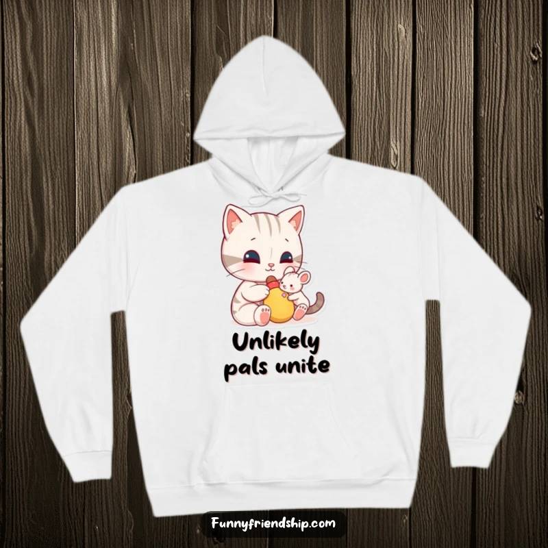 Funny hoodie: a cat character shares a toy with a small mouse, a comfortable and humorous design celebrating unlikely friendships.