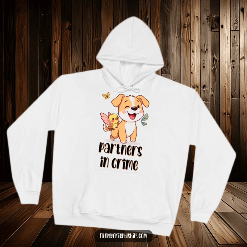 Funny hoodie: a happy dog and a cheerful bird in pursuit of a butterfly, exuding playful energy.