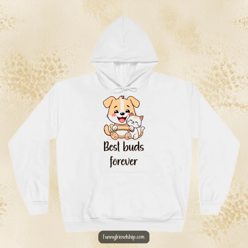 Funny Dog and Cat Bone Sharing Hoodie: Cheerful dog and cat sharing a bone, soft and cozy, perfect for pet lovers, a funny gift.