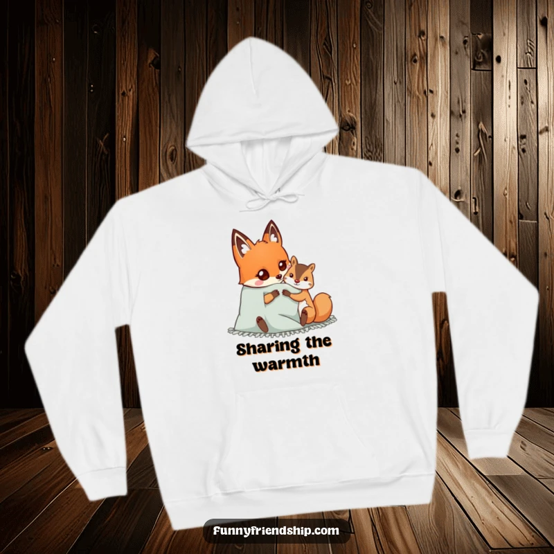 Funny hoodie illustrating a cheerful fox character and a squirrel enjoying a cozy blanket together, evoking feelings of warmth and close friendship.