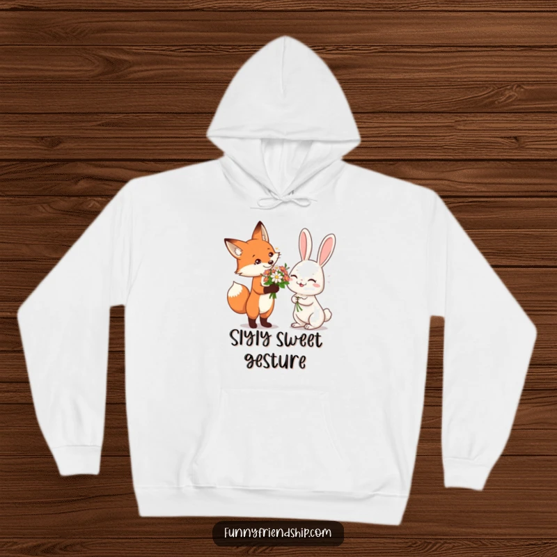 Funny Hoodie featuring a graceful fox offering flowers to a happy, giggling rabbit, symbolizing warmth, friendship, and humorous affection.