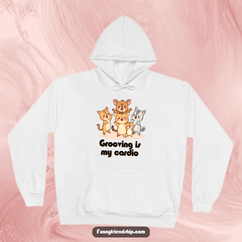 Funny hoodie with happy animals dancing in a circle, offering warmth and a dose of humorous celebration.