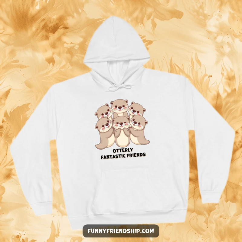 Funny otter hoodie with playful otters holding paws in a circle, cozy apparel celebrating friendship and unity.