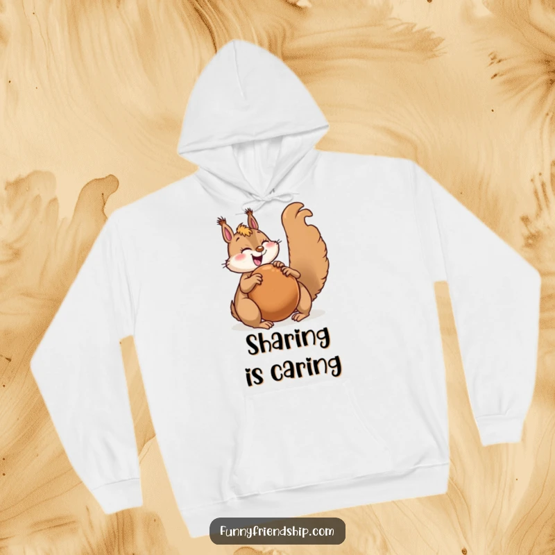 Funny squirrel character hoodie with a joyful squirrel sharing a giant nut with a happy friend, perfect for warmth.