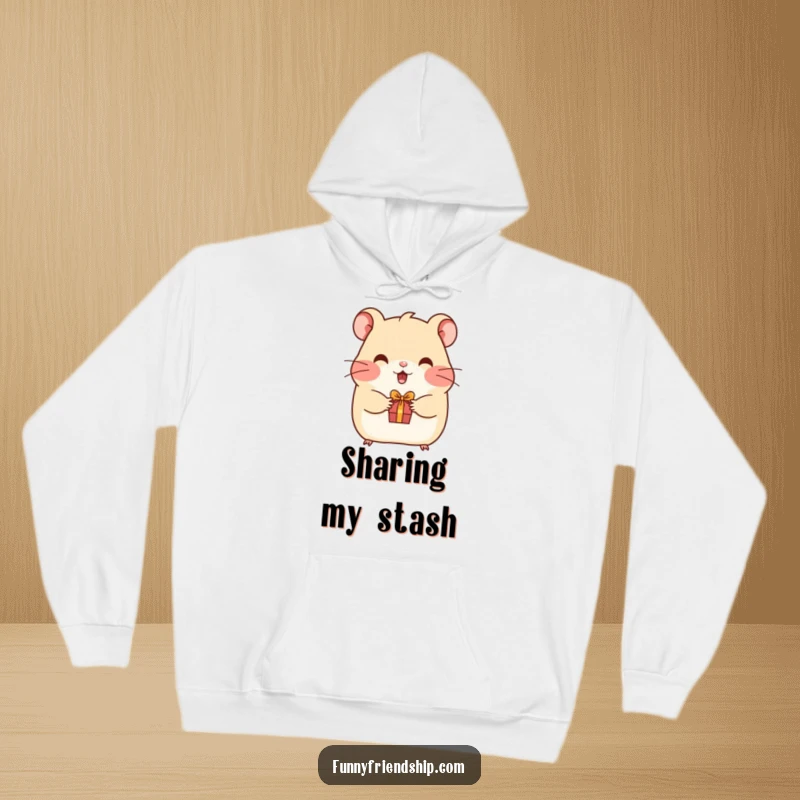 Funny hamster hoodie depicting a cheerful hamster offering a small gift, embodying warmth, friendship, and humor.