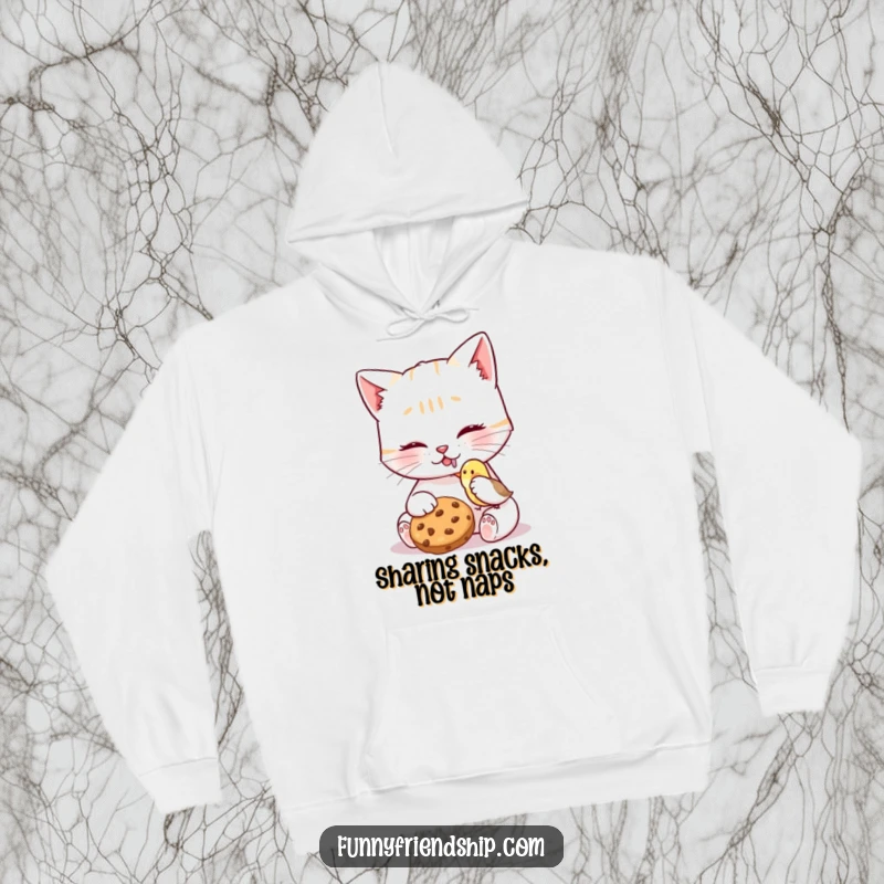 Funny Cat Bird Cookie Hoodie showing a kind cat sharing a cookie with a tiny bird, providing warmth and a heartwarming dose of friendship.