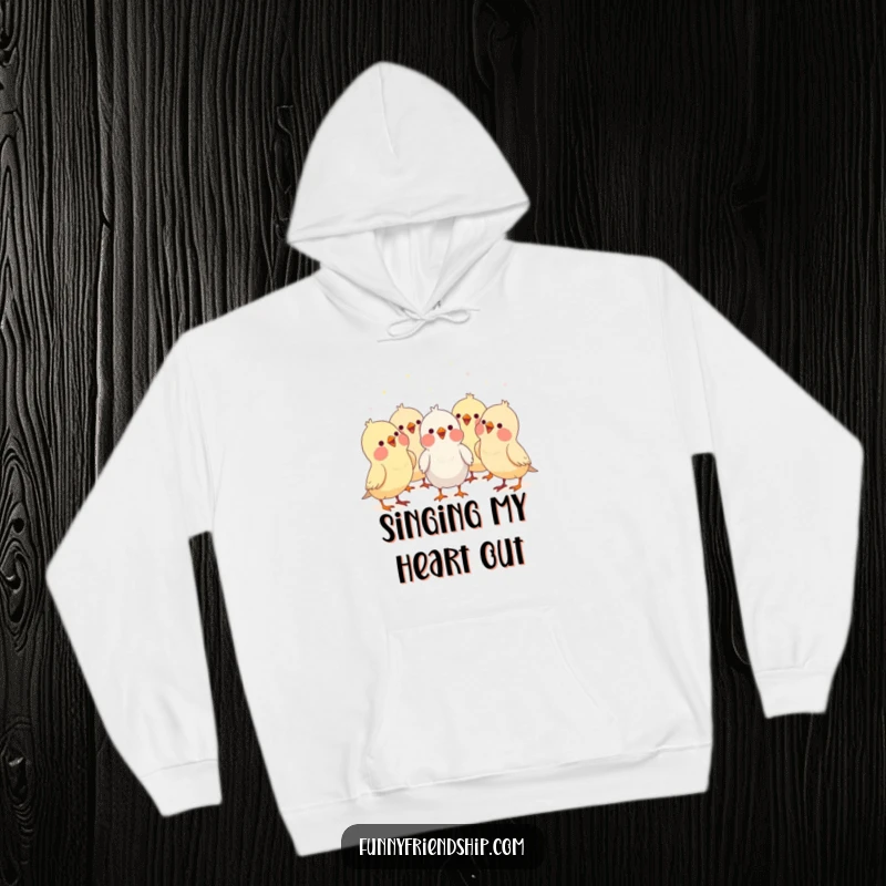 Funny bird characters forming a choir, singing together harmoniously, a warm and humorous cartoon hoodie for music enthusiasts.