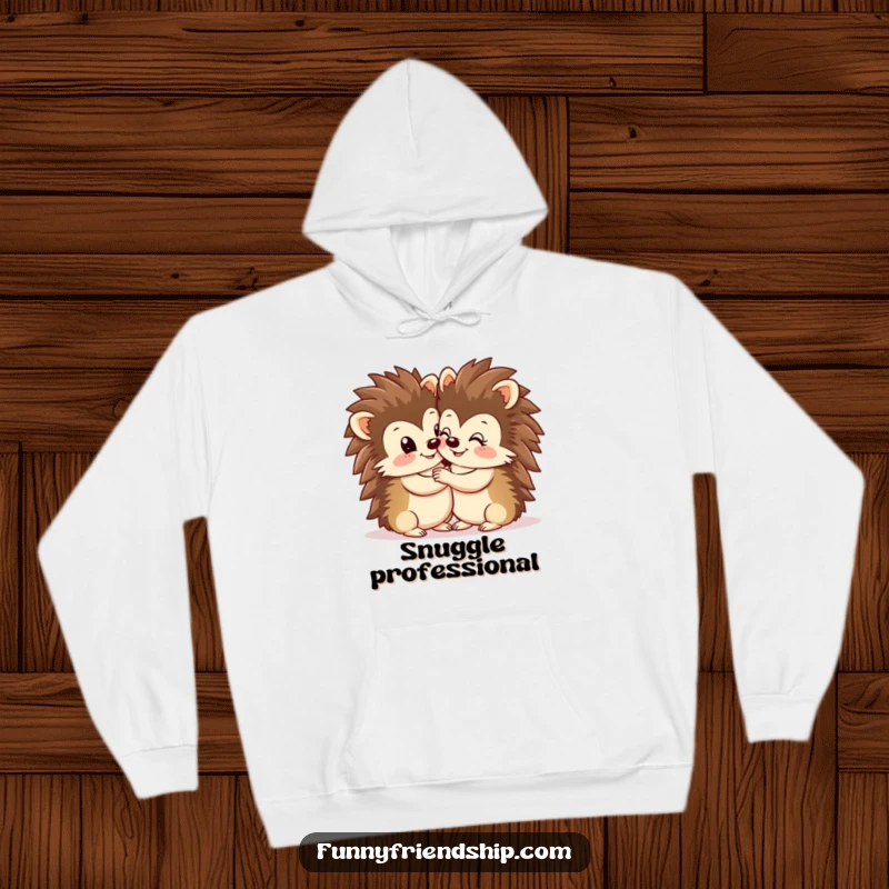 Funny Hedgehog Hug Hoodie: Two smiling hedgehogs in a close, loving hug, showcasing adorable animal friendship, a warm funny gift.