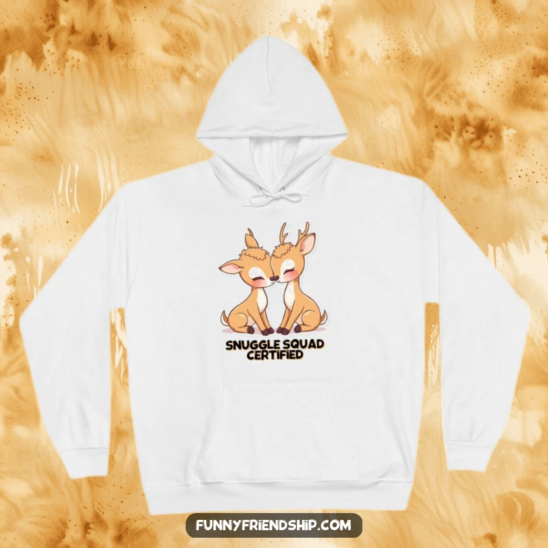 Cozy deer hoodie featuring two deer characters nuzzling affectionately, a warm and romantic gift for couples.