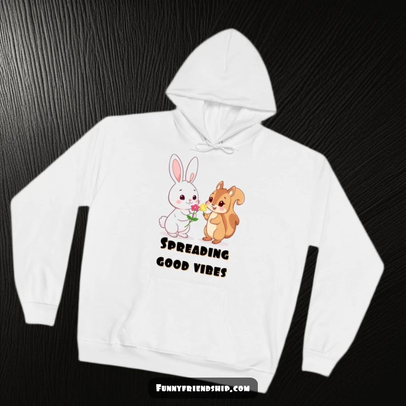 Funny Hoodie: Playful rabbit character offering a flower to a shy squirrel character, a warm and humorous woodland design.
