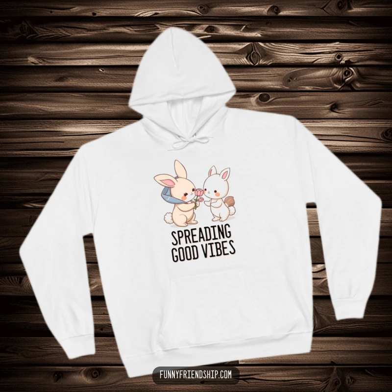 Funny hoodie: a bunny character offers a flower to another animal, a comfortable and humorous design celebrating kindness and friendship.