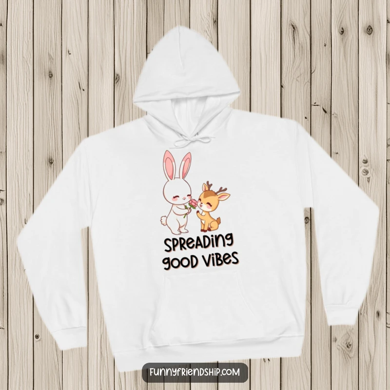 Funny hoodie showing a rabbit presenting a flower to a deer, a warm and humorous depiction of woodland charm.