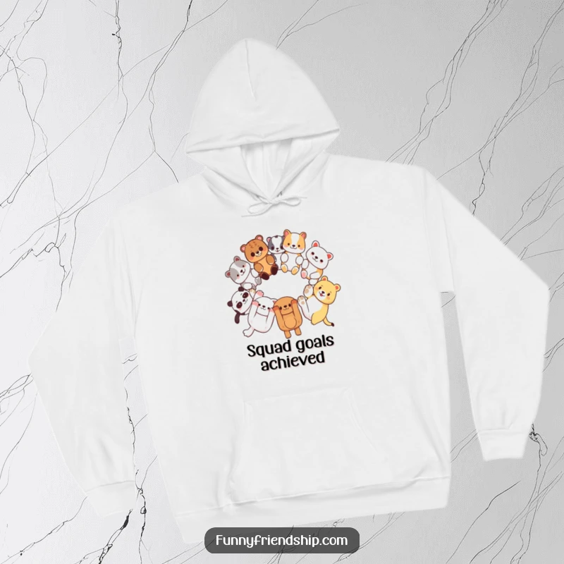 Funny hoodie with diverse animal characters linking paws in a circle, promoting friendship and unity, ideal for cozy wear.