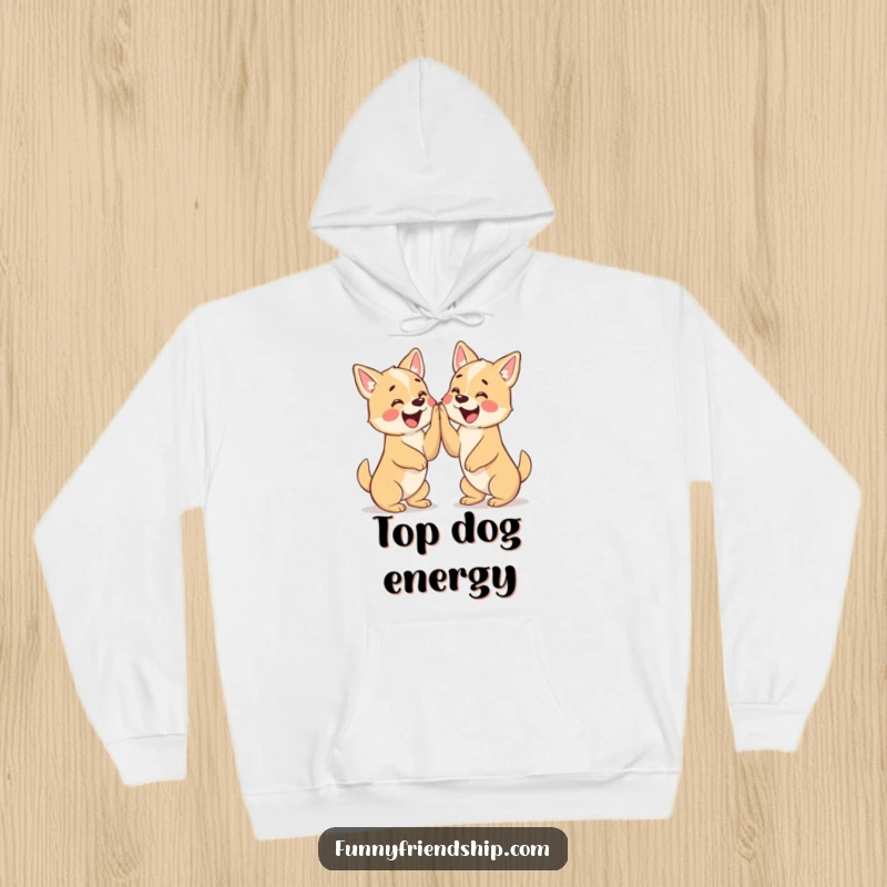 Funny hoodie depicting two cute dogs enthusiastically high-fiving, radiating friendship and cheerful energy.