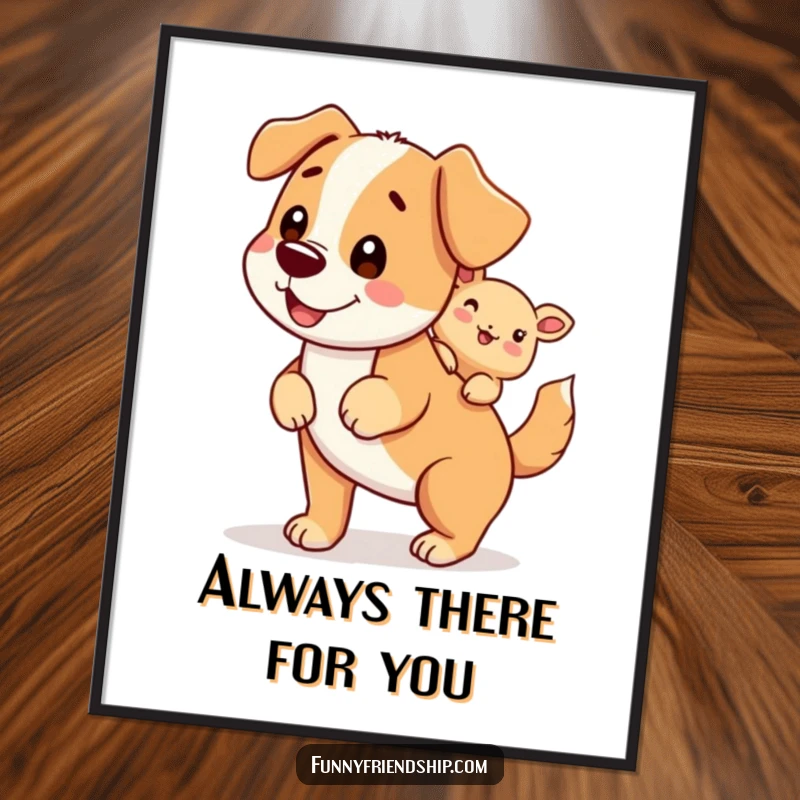 Funny Free Printable Wall Art: A happy dog character giving a piggyback ride to a smaller creature, showcasing friendship.