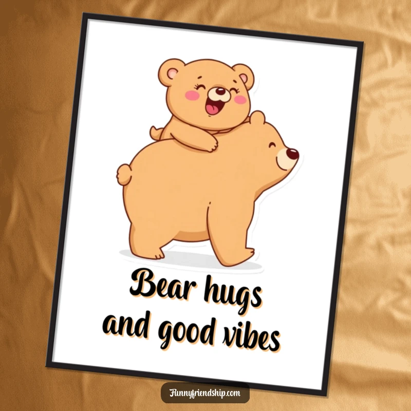 Funny Free Printable Wall Art: Giggling bear rides piggyback on a larger bear, creating a heartwarming scene.