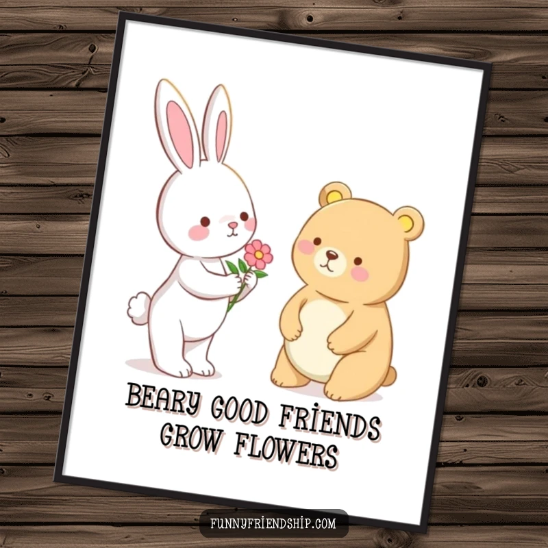 Funny Free Printable Wall Art: A bunny offers a flower to a friendly bear, depicting sweet friendship.