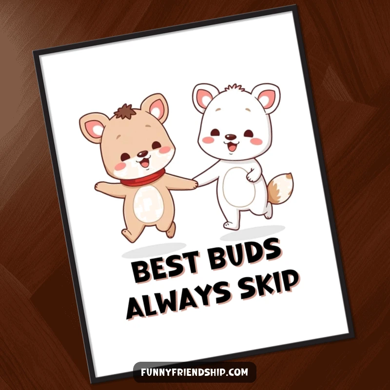 Funny Free Printable Wall Art: Two animal characters holding hands and skipping, radiating pure joy. Downloadable art.