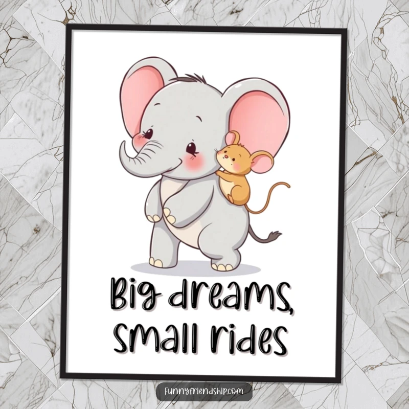 Funny free printable wall art: A large, happy elephant giving a tiny mouse a joyful piggyback ride.