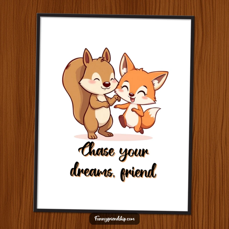 Funny Free Printable Wall Art: Squirrel and fox characters playing tag, embodying energetic fun. Downloadable art.
