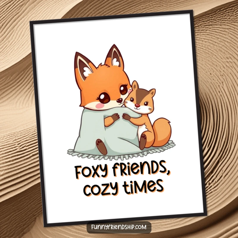 Funny Free Printable Wall Art showing a happy fox and squirrel snuggled together under a cozy blanket, perfect for warm home decor.