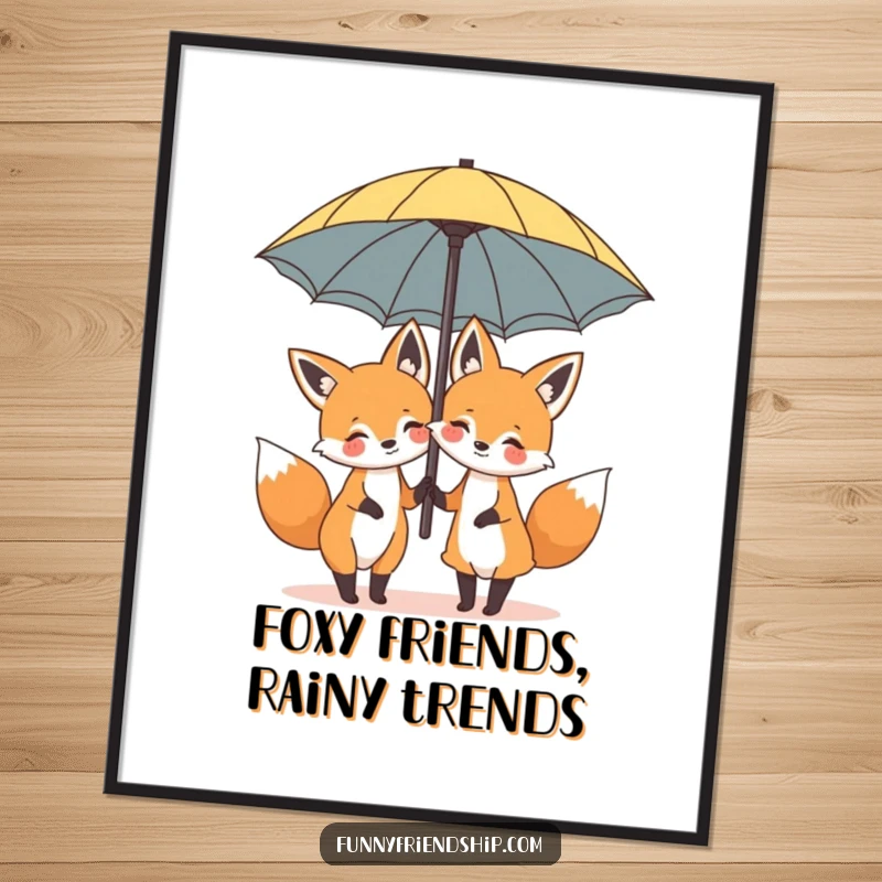 Funny Free Printable Wall Art: Two delighted foxes huddle cozily beneath a massive umbrella, showcasing playful companionship and humor.