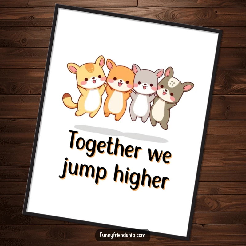 Funny Free Printable Wall Art: A group of diverse small animals joyfully jumping hand-in-hand.