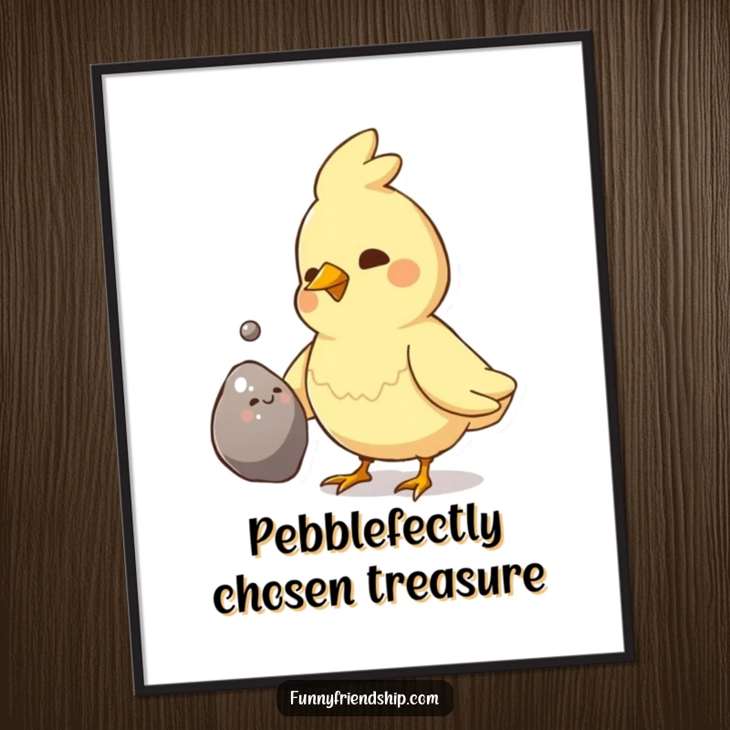 Funny Free Printable Wall Art: A proud bird offers a shiny pebble, symbolizing a treasured gift.