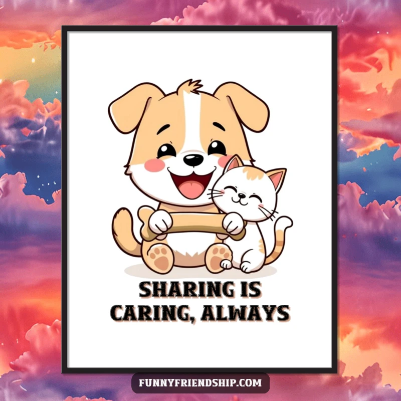Funny Free Printable Wall Art: A happy dog and cat sharing a bone, symbolizing unlikely friendship.