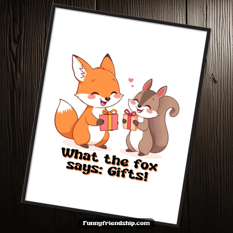 Funny Free Printable Fox and Squirrel Wall Art, smiling animals exchanging gifts, whimsical woodland home decor.