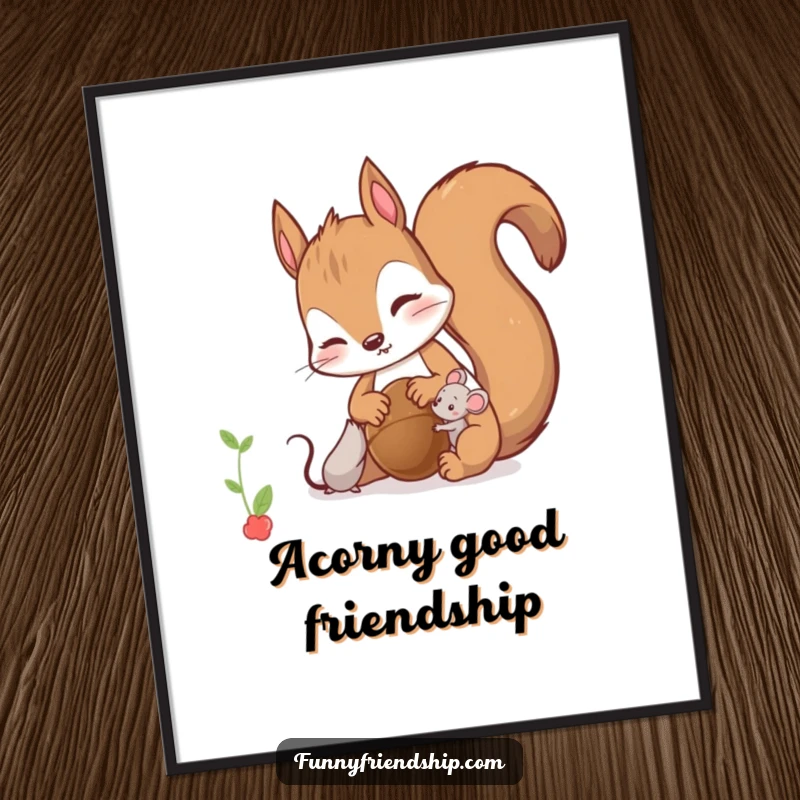Funny Free Printable Wall Art: A curious squirrel shares a nut with a tiny mouse, highlighting friendship and sharing.