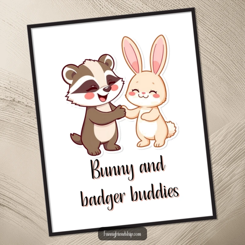 Funny free printable wall art: A badger and a rabbit enthusiastically shaking hands in a friendly gesture.